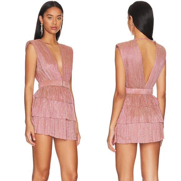Sabina Musayev Dresses & Skirts - Sabina Musayev Dress Skylar Pink‎ Metallic Plisse V-Neck Sleeveless Minidress M